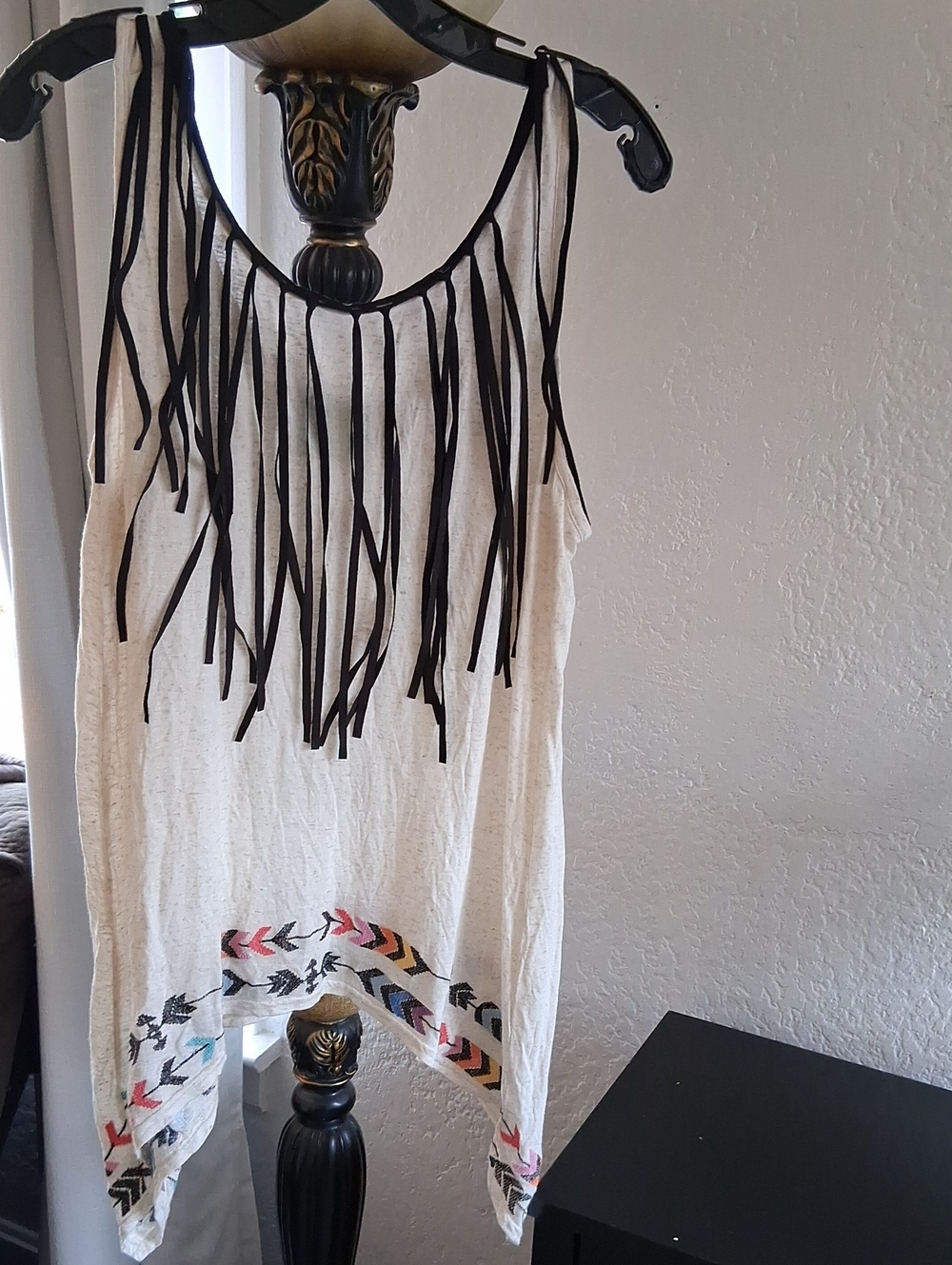 Judith March Cream Tank Top with Black Fringe and Multicolor Trim